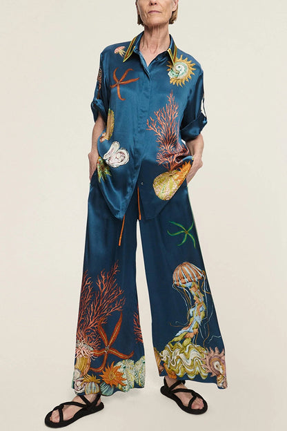 Cardydony Women's Linen Blend Unique Print Lapel Short Sleeve Shirt and Elastic Waist Loose Pocket Wide Leg Pants Set