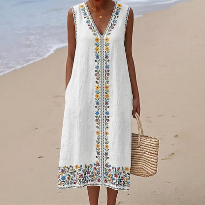 Cardydony Women's Bohemian Floral V-neck Pattern Sleeveless Midi Dress