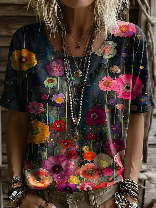 Cardydony Women's Vintage Floral Pattern Casual Short Sleeved T-shirt