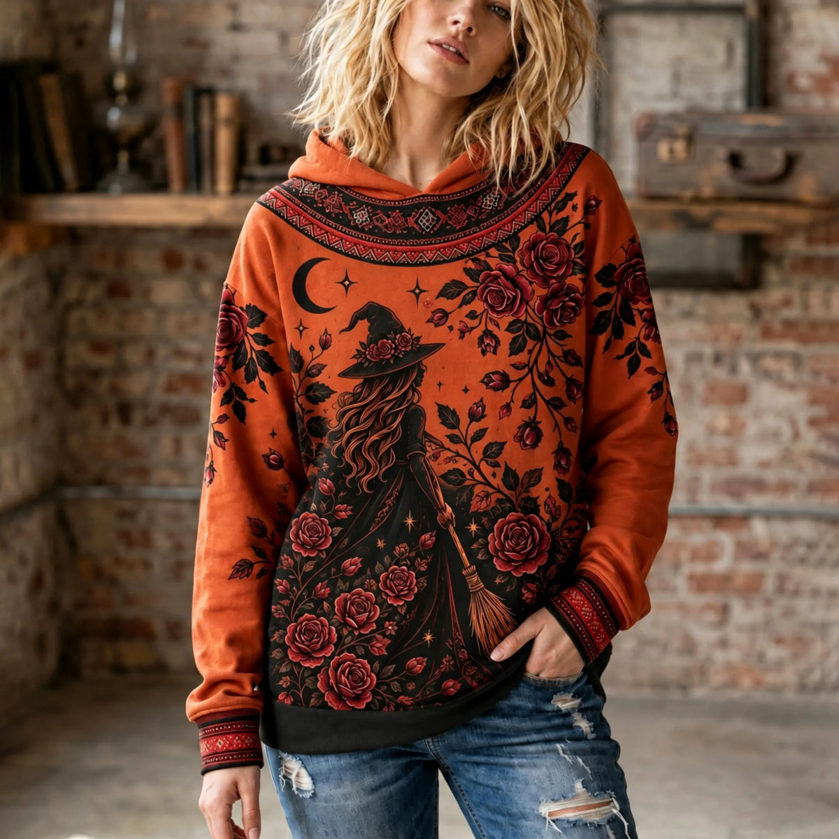 Cardydony Women's Halloween Wizard And Rose Floral Pattern Casual Hoodie