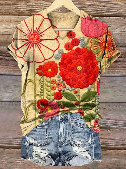 Cardydony Women's Vintage Floral Print V-neck Casual T-shirt