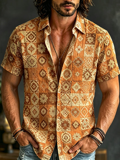Cardydony Men's Boho Patchwork Floral Print Hippie Cotton And Linen Comfortable Short Sleeve Shirt