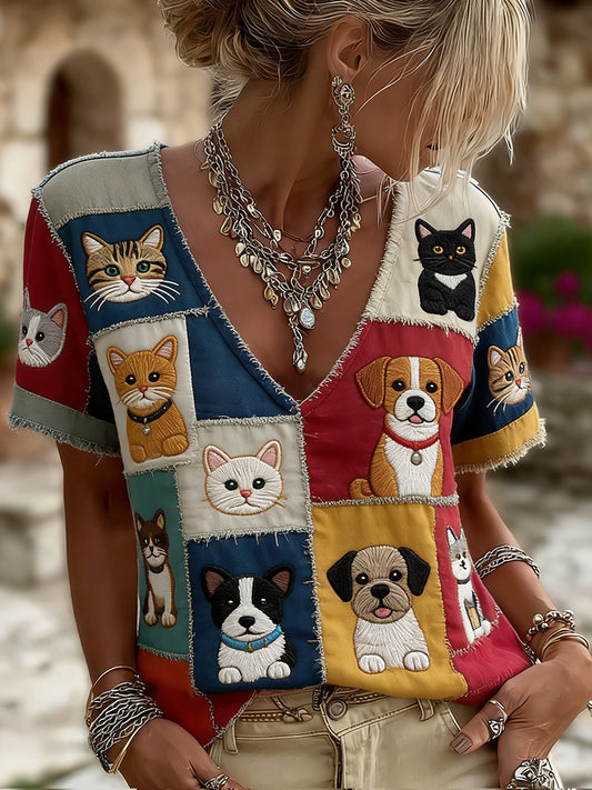 Cardydony Cute Cat And Dog Patchwork Linen Short Sleeve Casual Shirt