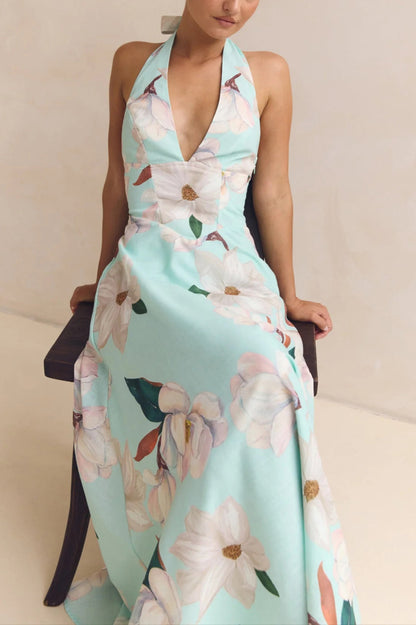 Cardydony Women's Floral Print V-neck Backless Tie-up Fitted Waist Elegant Maxi Dress