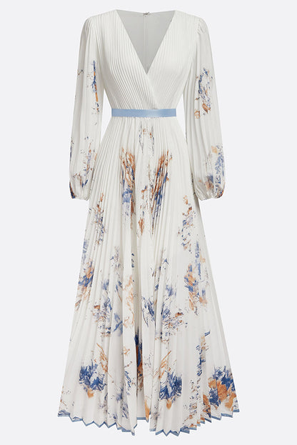 Cardydony Women's Unique Printed V-Neck Long Sleeve Bow Tie Waist Holiday Maxi Dress