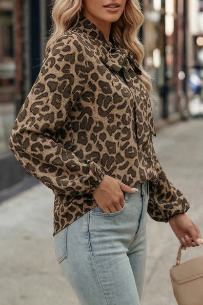 Cardydony Women's  Leopard Print Bow Collar Long-sleeved Loose Shirt