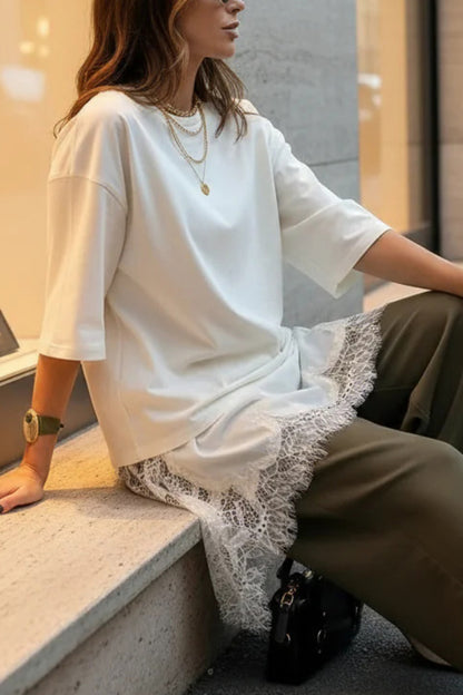 Cardydony Women's Stylish Round Neck Short-sleeved Patchwork Lace Hem Loose T-shirt