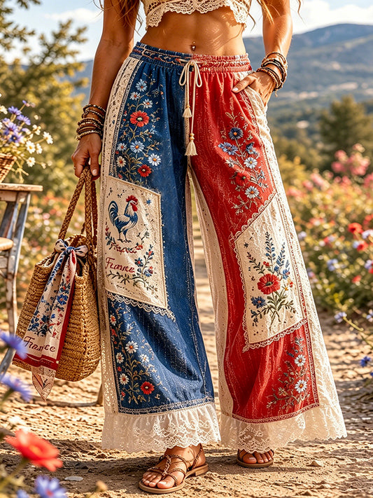 Cardydony Women's Retro Floral With Cock Embroidered Art Patchwork Wide-leg Pants
