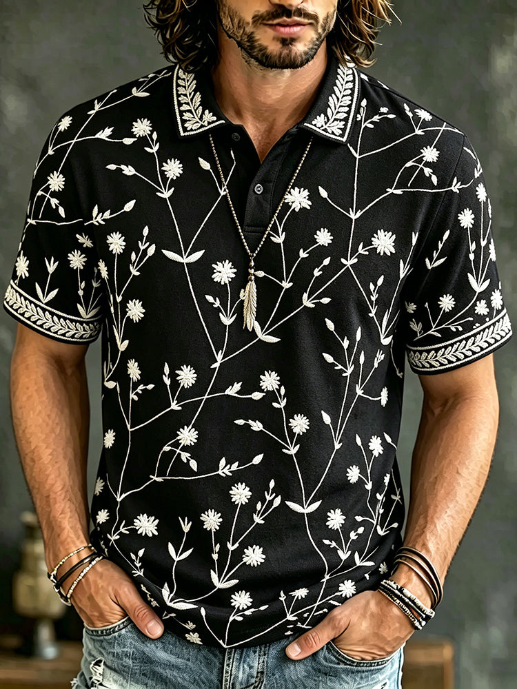 Cardydony Men's Vintage Causal Spring Summer Floral Art Print Flowy Polo Shirt