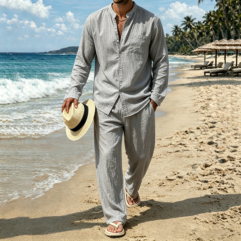 Cardydony Men's Leisure Solid Color Cotton Linen Pocket Shirt And Pants Two Piece Set