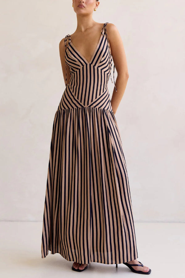 Cardydony Women's Striped Print Tie Backless Sleeveless V-Neck Elegant Maxi Dress