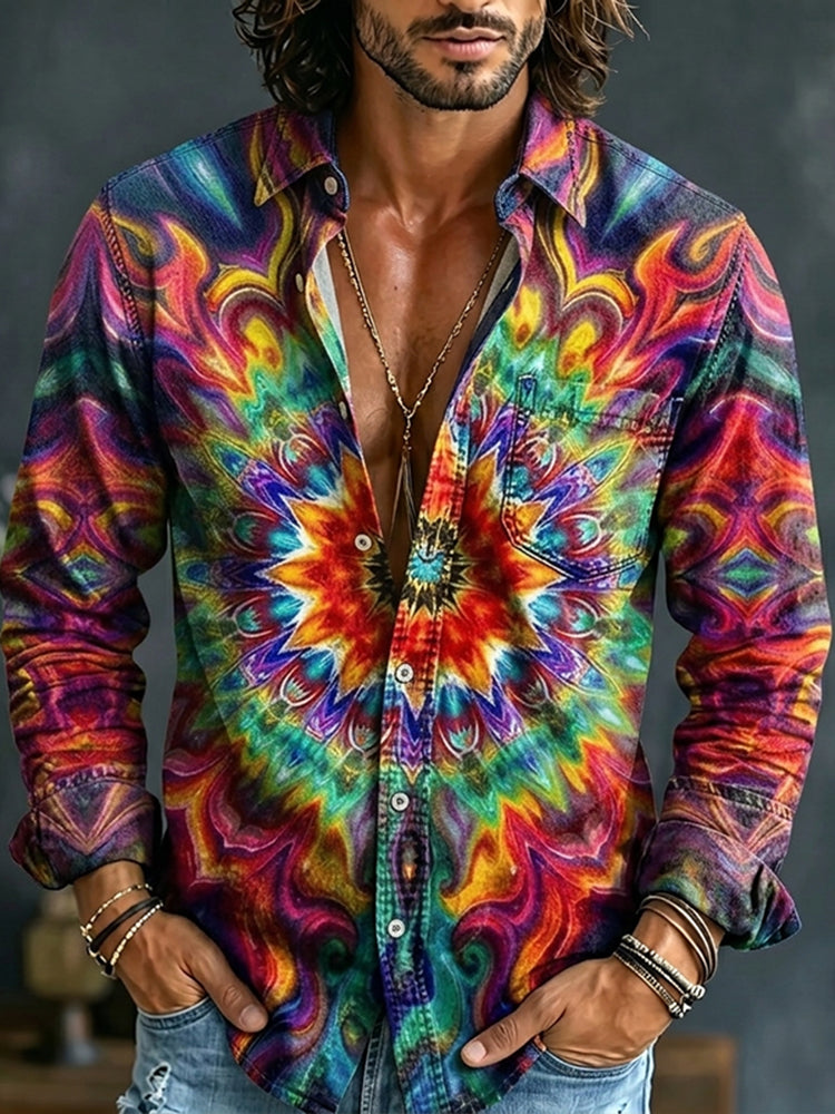 Cardydony Men's Colorful Hippie Abstract Flower Kaleidoscope Print Long Sleeve Shirt