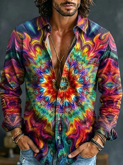 Cardydony Men's Colorful Hippie Abstract Flower Kaleidoscope Print Long Sleeve Shirt