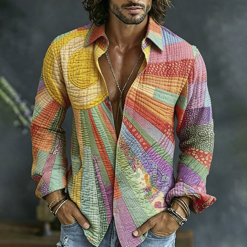 Cardydony Men's Causal Spring Hippie Vibe Colorful Sun Collage Art Print Flowy Linen Blend Shirt
