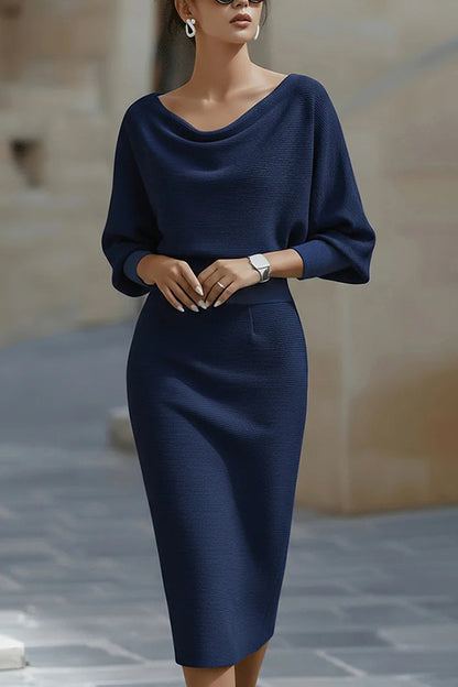 Cardydony Women's Solid Color Batwing Sleeve Fitted Waist Elegant Midi Dress