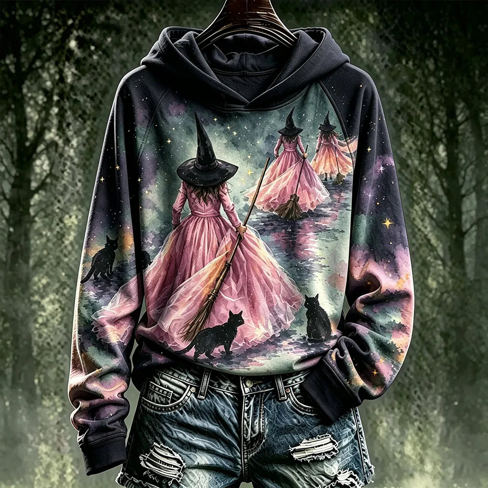 Cardydony Women's Pink Halloween Black Cat Witch Print Hoodie