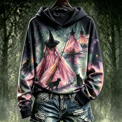 Cardydony Women's Pink Halloween Black Cat Witch Print Hoodie