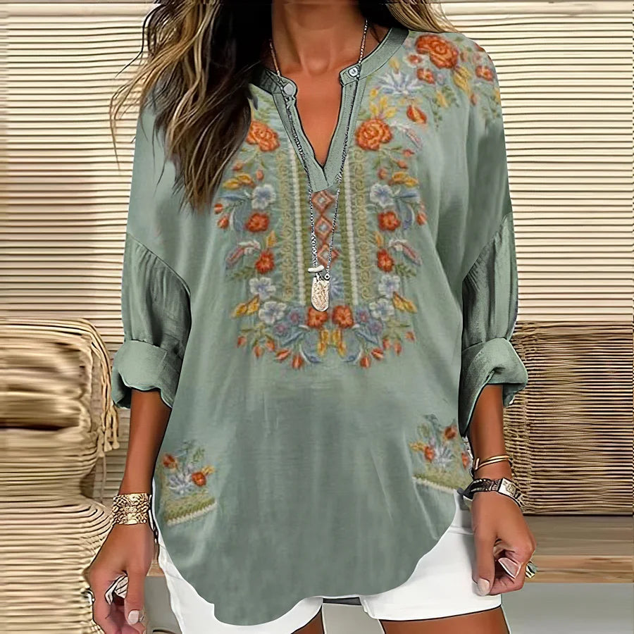 Cardydony Women's Retro Ethnic Flower Embroidery Art V-neck Shirt