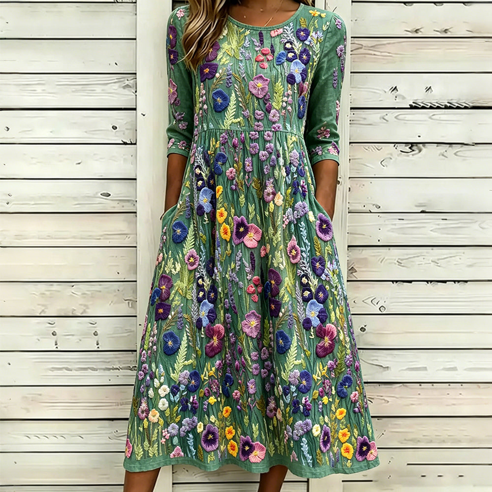 Cardydony Women's Elegant Violet Wildflower Embroidery Art Linen Maxi Dress