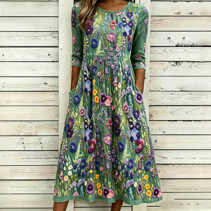 Cardydony Women's Elegant Violet Wildflower Embroidery Art Linen Maxi Dress