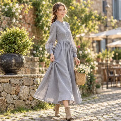 Cardydony Women's Vintage Solid Stand Collar Button Front A-Line Maxi Dress