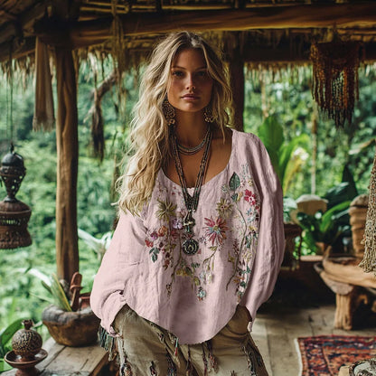 Cardydony Retro Bohemian Floral Embroidery Art Graphics Cotton And Linen Blend Loose Blouse