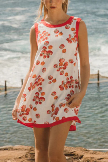 Cardydony Women's Tomato Print Loose Round Neck Sleeveless Casual Pocket Mini Dress