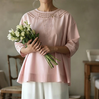 Cardydony Women's Casual Floral Embroidered Linen Blend Blouse