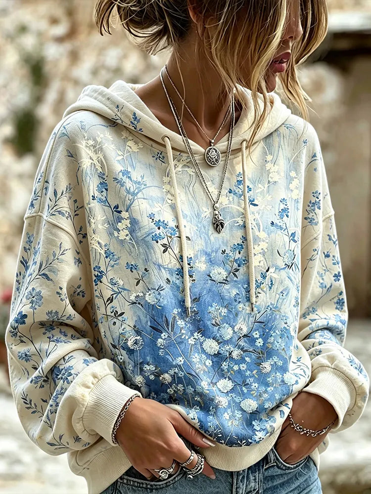 Cardydony Retro Bohemian Pastoral Style Blue Floral Print Hoodie