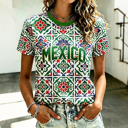 Cardydony Women's Mexican Tile Art Print Casual T-shirt