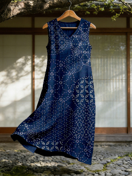 Cardydony Japanese Traditional Sashiko Art Flowy Linen Midi Dress