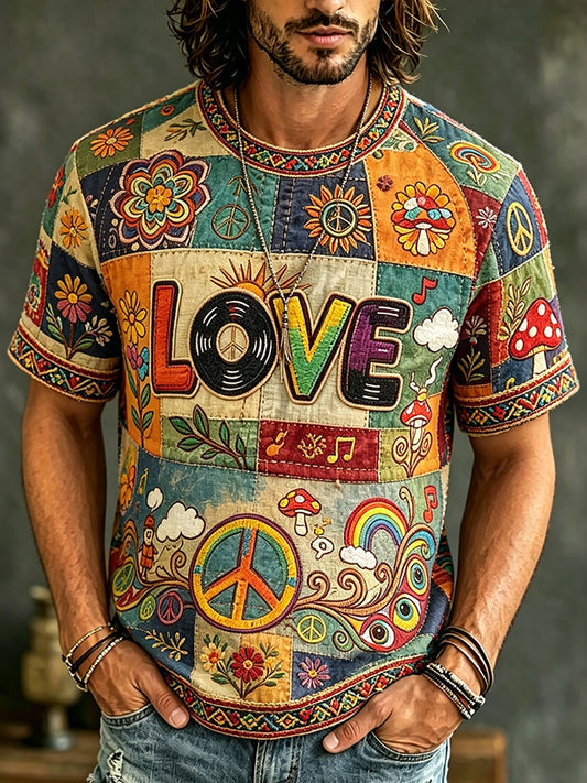 Cardydony Men's Casual Color Block Love Music Retro Hippie Crew Neck T-shirt