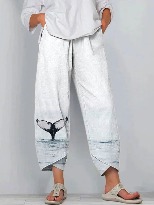 Cardydony Whale Tail Art Print Linen Blend Casual Pants