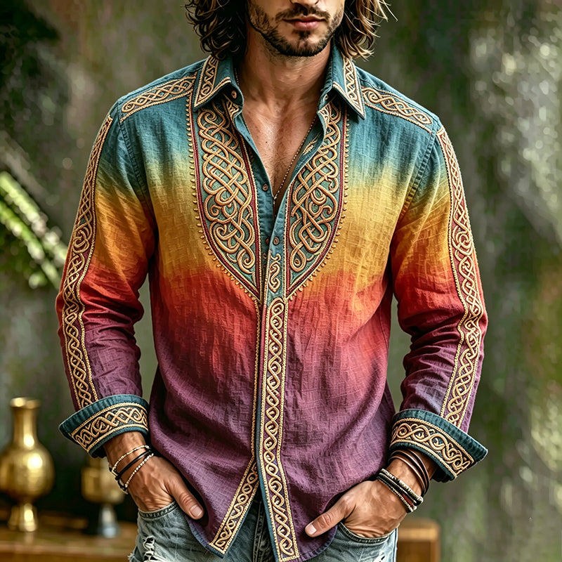 Cardydony Men's Vintage Spring Summer Viking Tribal Jacquard Inspired Art Flowy Linen Blend Shirt