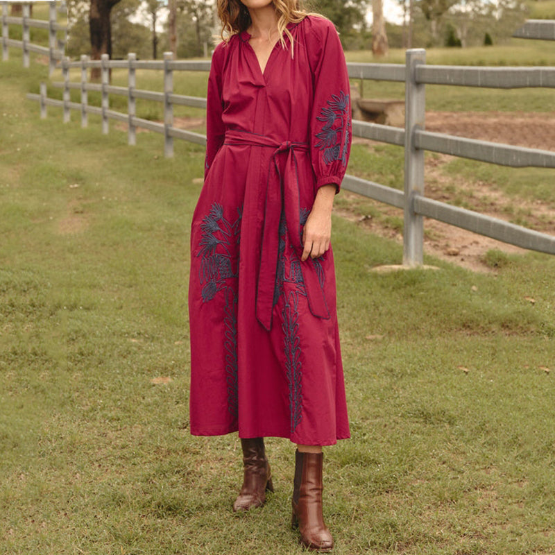 Cardydony Vintage Belted Embroidered Cotton Dress