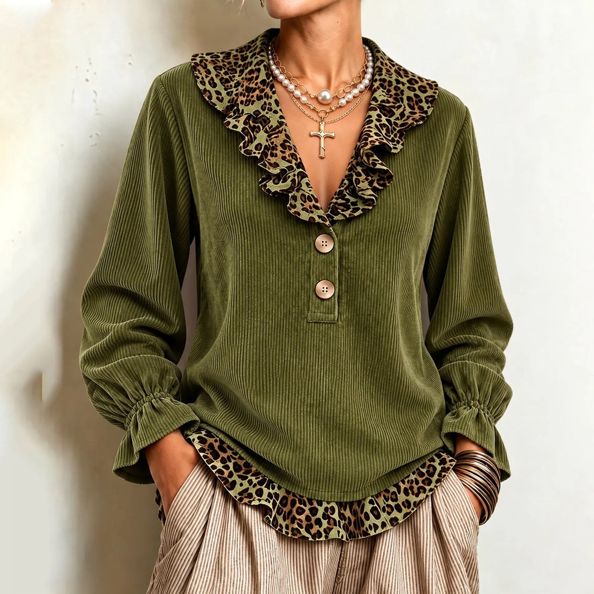 Cardydony Women's Fall Winter Cozy Elegant Leopard Corduroy Top