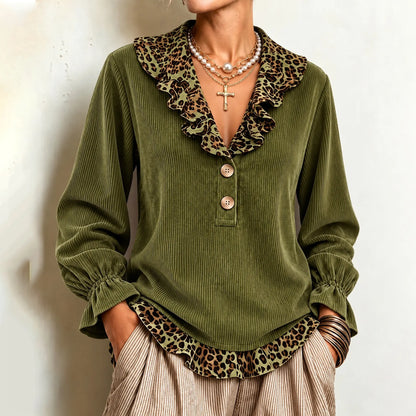 Cardydony Women's Fall Winter Cozy Elegant Leopard Corduroy Top