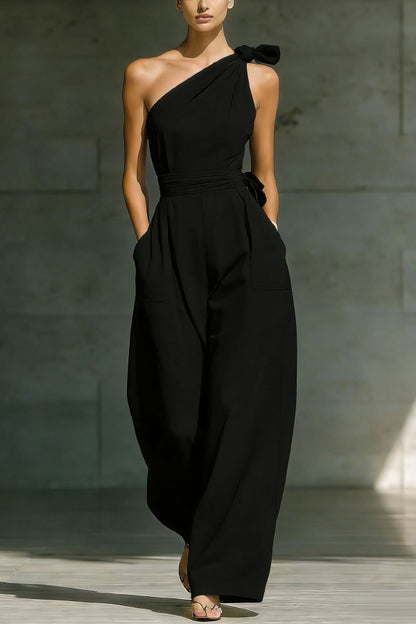 Cardydony Women's Solid Color Sleeveless One-shoulder Fitted Waist Casual Pocket Loose Wide-leg Jumpsuit