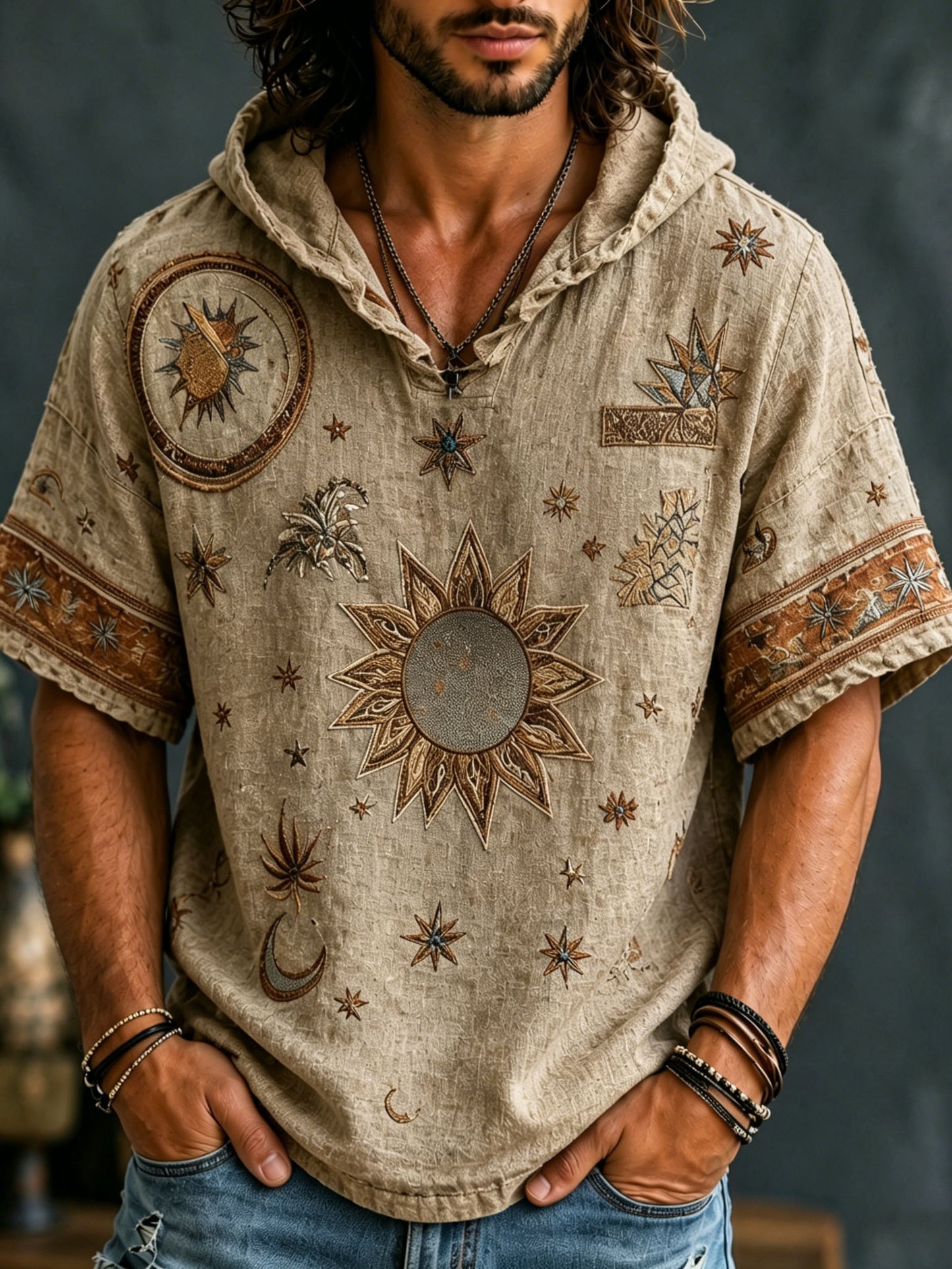 Cardydony Men's Boho Hippie Art Sun And Moon Printed Casual Hooded T-shirt