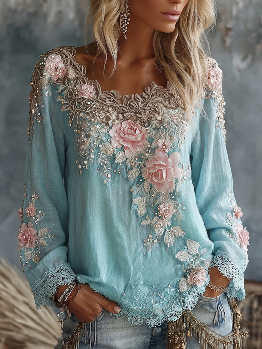 Cardydony Women's Vintage Rose Floral Art Crew Neck Long Sleeve Linen T-shirt