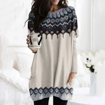 Cardydony Retro Icelandic Pattern Pocket Crew Neck Tunic