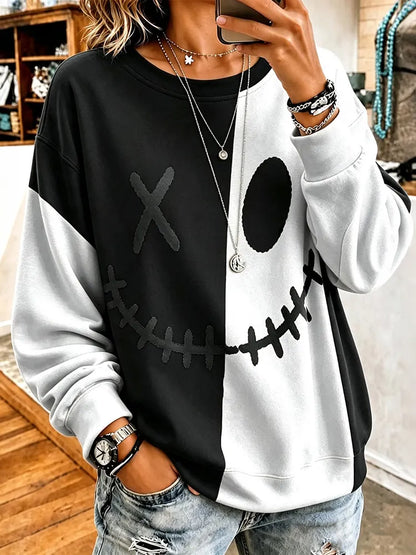 Cardydony Women's Halloween Ghostly Face Color Blocking Print Casual Sweatshirt