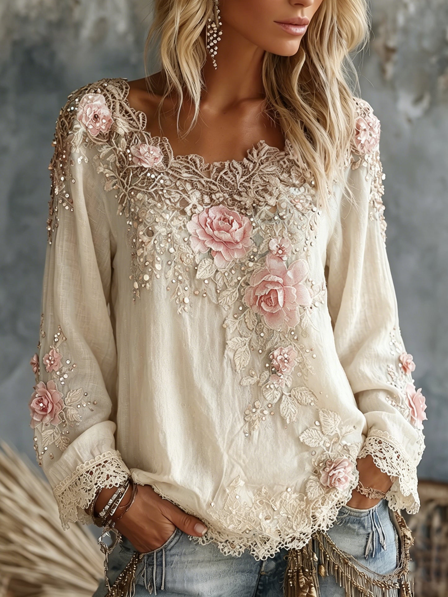 Cardydony Women's Vintage Rose Floral Art Crew Neck Long Sleeve Linen T-shirt