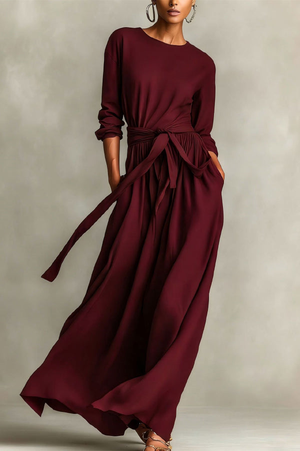 Cardydony Women's Linen Blend Round Neck Long Sleeve Waist Tie Casual Pocket Maxi Dress