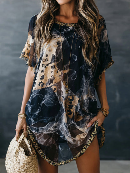 Cardydony Vintage Marble Texture Art Leopard Print Linen Blend Short Sleeve Midi Dress
