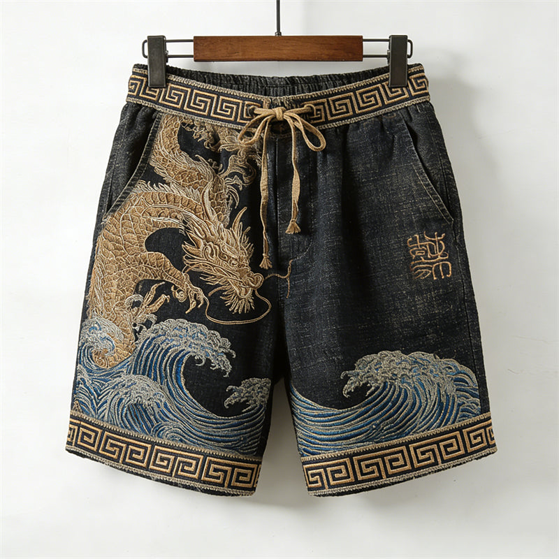 Cardydony Men's Japanese Gold Dragons Sea Waves Drawstring Linen Shorts