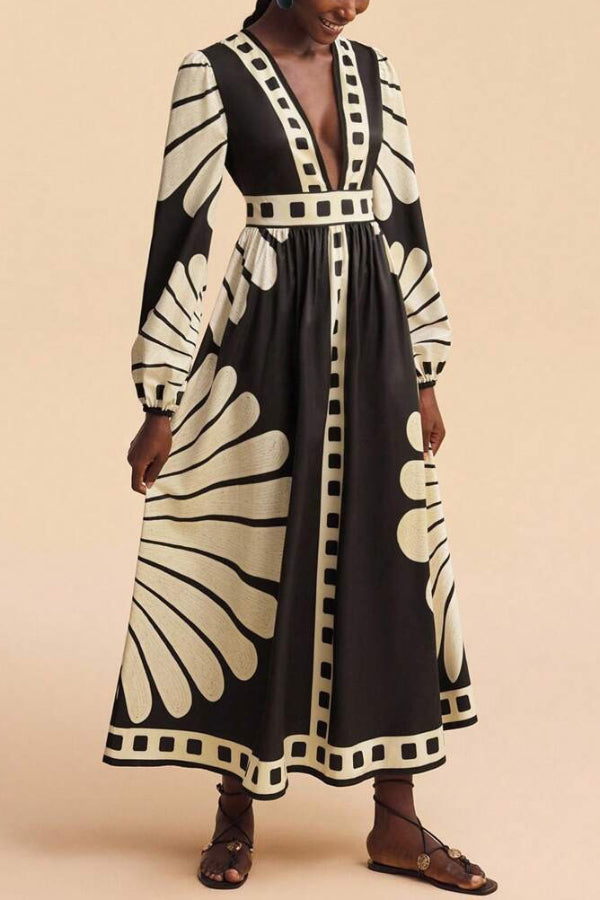 Cardydony Women's  Unique Print V-Neck Long Sleeve Casual Vacation Maxi Dress