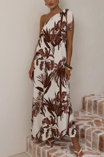 Cardydony Women's Botanical Print Sleeveless One-shoulder Casual Vacation Maxi Dress