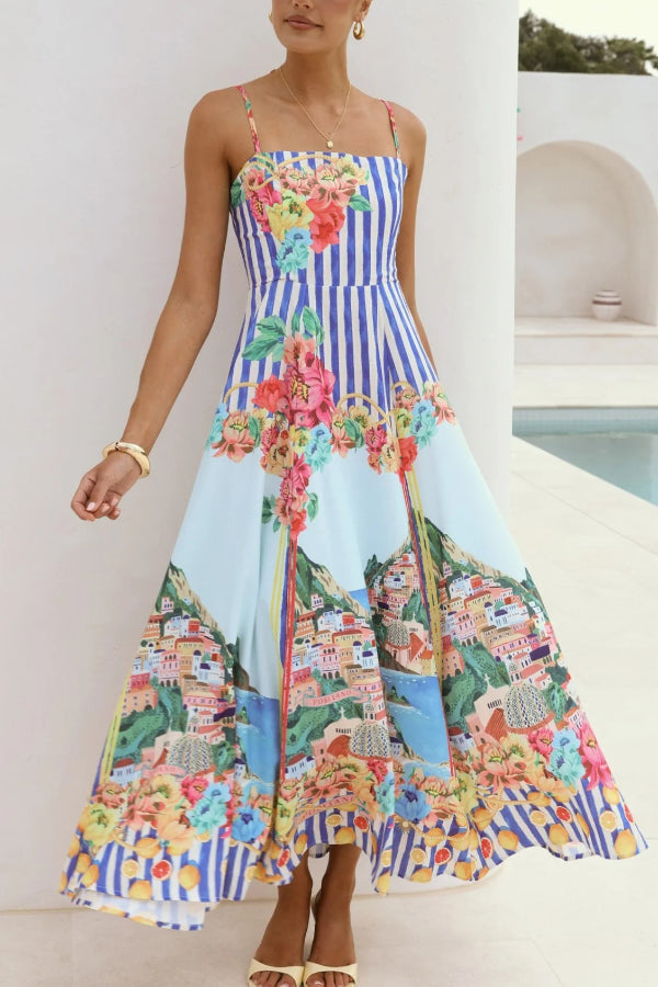 Cardydony Women's Unique Printed Spaghetti Strap Square Neck Casual Holiday Maxi Dress
