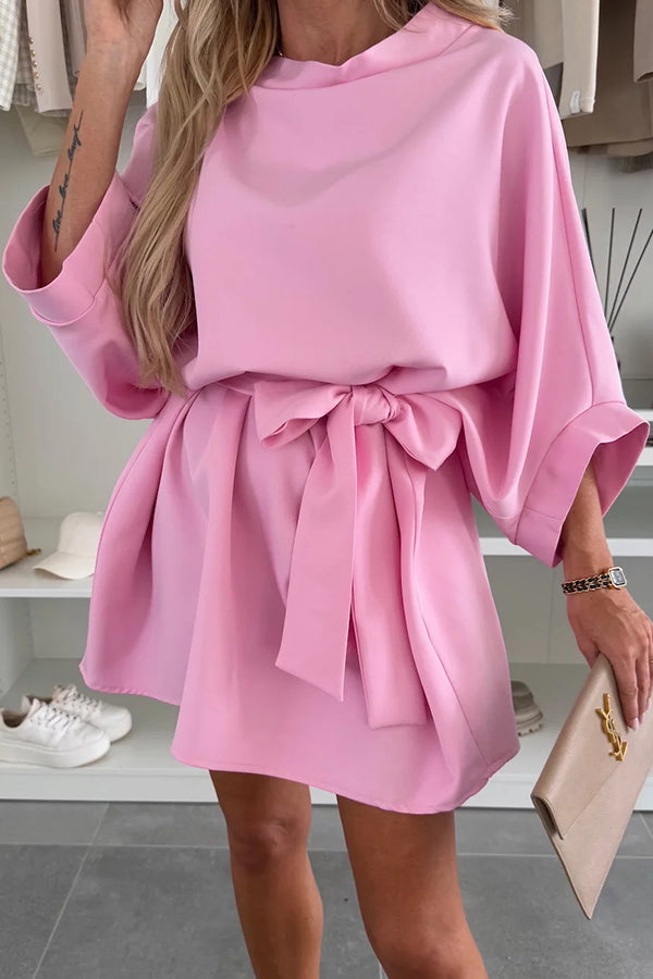 Cardydony Women's Solid Color Loose Round Neck Belted Mini Dress